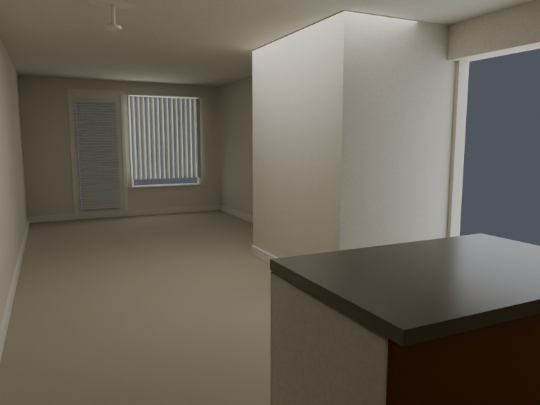 Estimated 3D draft of an empty apartment room, with the adjoining doorway still incomplete.
